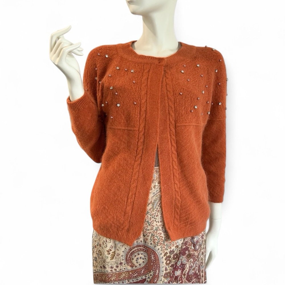 Vintage Pearl & Crystal Studded Angora Cardigan Sweater